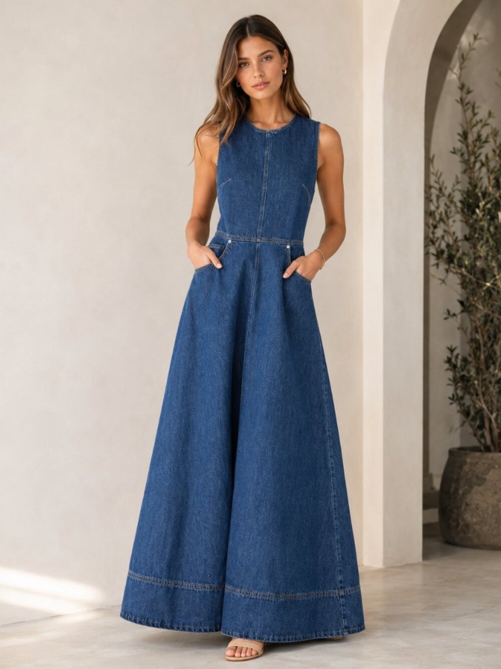 NWT Aligne Waterlily Denim Maxi Dress Sleeveless A-Line Blue Size 10
